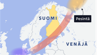 Punainen viiva osoittaa valkoposkihanhien muuttoreitin Tanskasta Pohjois-Venäjälle.