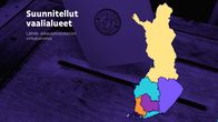 Taustalla äänestyslippu jossa vaalileima, päällä Suomen kartta, jossa 7 suunniteltua vaalialuetta.