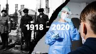 Suojeluskuntalaisia Hämeenkadun raunioilla vuonna 2018 ja koronanäytteenottoa vuonna 2020.