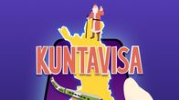 Graafinen kuva kädessä olevan kännykän ruudusta. Ruudulla on Suomen kartta jossa on kypärä, leijona ja joulupukki ja kaiken päällä suuri teksti "KUNTAVISA".