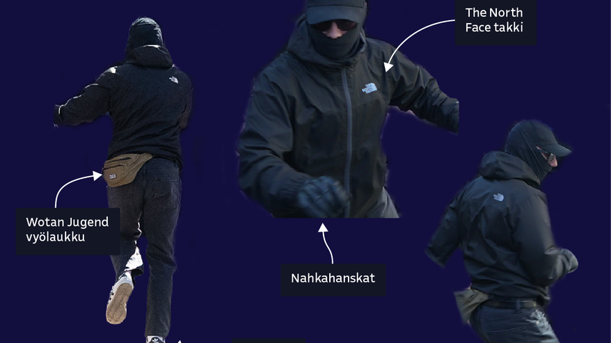 Kuvassa esitetään huppupäinen henkilö mustissa vaatteissa, jolla on vyölaukku, nahkahanskat ja North Face -takki.