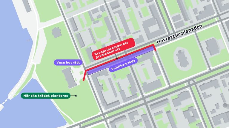 Karta över centrala kvarter i Vasa.