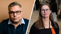 Kaksi kuvaa, joista toisessa mies sinisessä kauluspaidassa ja toisessa nainen punamustassa mekossa.