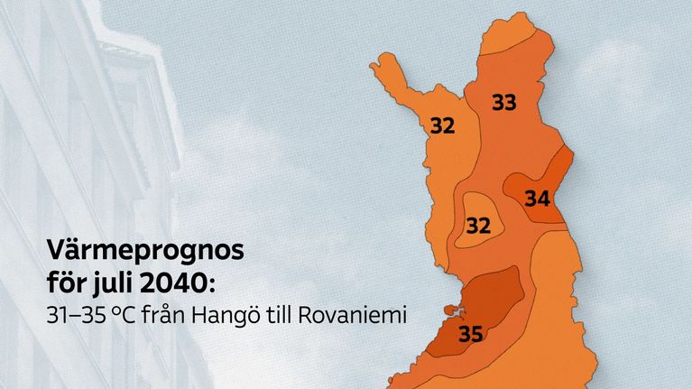 En väderprognos för Finland år 2040 som förutspår hetta. Temperaturerna på kartan varierar från 31 grader kring Tammerfors till 35 vid Uleåborg. Längs kusten är det mest 34 grader och i inlandet mest 32, men i stora delar av Lappland 33 eller 34 grader..