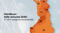 Ilmatieteenlaitoksen ennustekartta vuoden 2040 helteestä. Lukemat ovat 31–34 astetta.