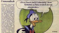 Lehtileike Aku Ankan housuttomuuskohusta berliiniläisessä TAT-Zeitungissa (1978).