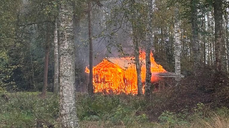 En träbyggnad glöder orangegul och står i lågor omgiven av lövträd, tjock rök stiger upp mot en grå himmel. 
