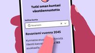 Piirretty kuva puhelimen ruudulla olevasta "Tutki oman kuntasi väestöennustetta" sovelluksesta. 