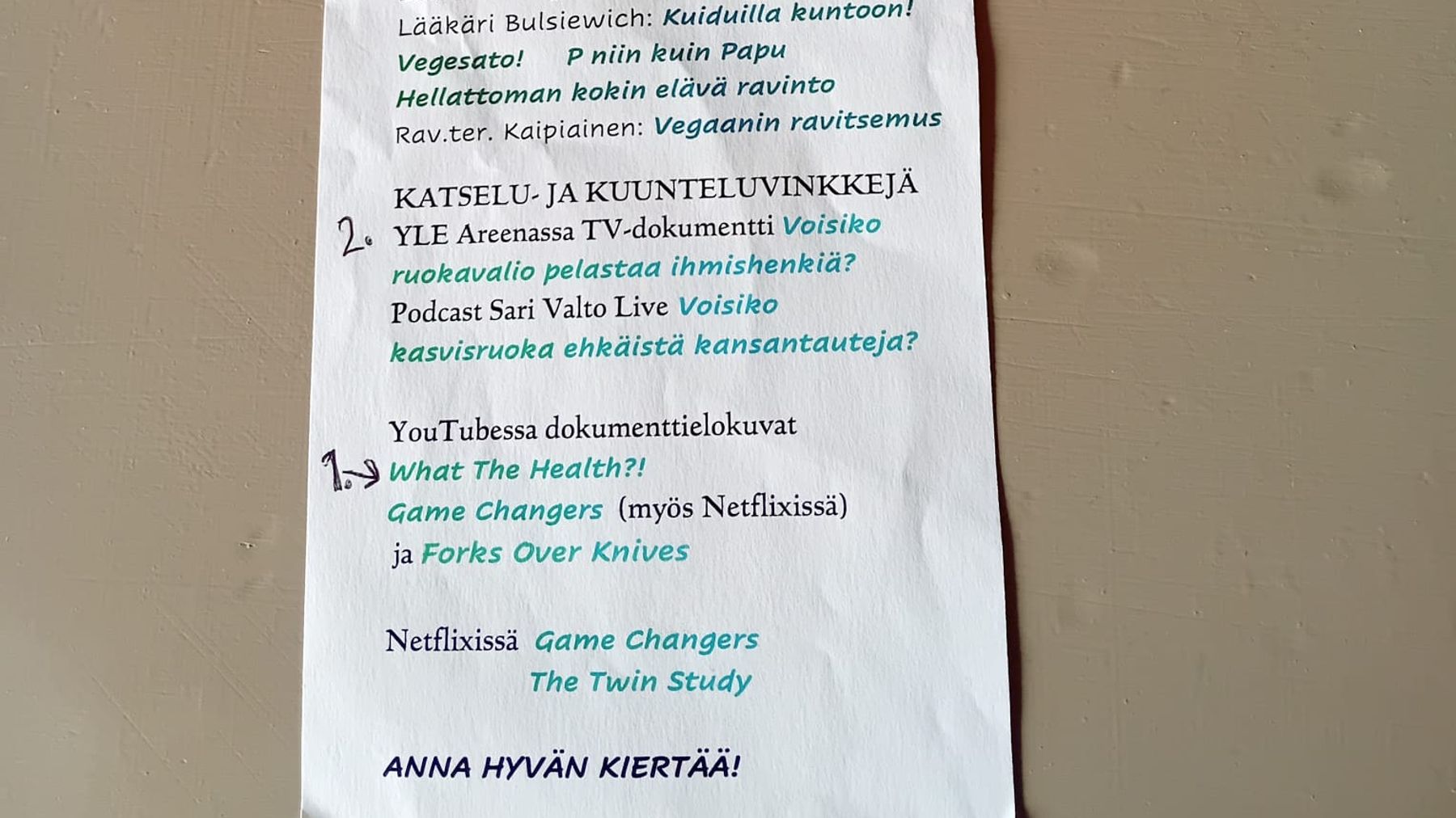 Lappu, jossa on lista erilaisista kasvisruokavalion tietolähteistä.