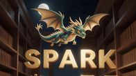 Ett animerat drakmotiv svävar ovanför stora bokstäver som bildar ordet "SPARK" i ett bibliotek med bokhyllor.