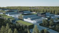 Suuren datakeskuksen rakennuksia metsäisessä ympäristössä. Havainnekuva.