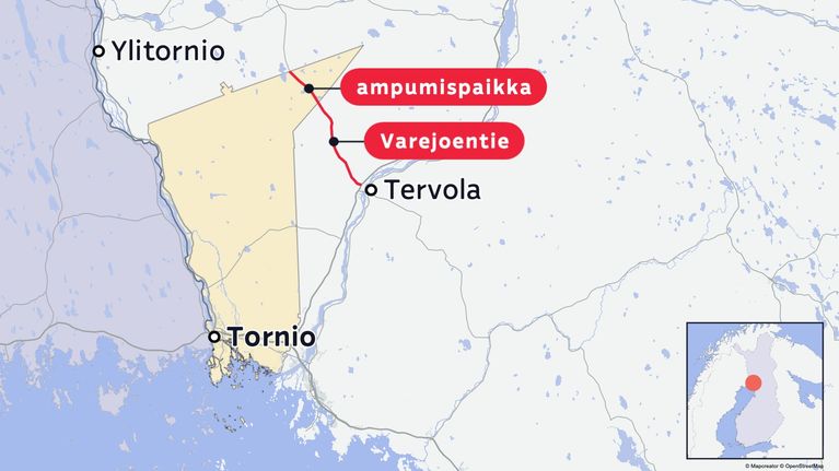Karttagrafiikka, joka havainnollistaa ampumispaikan Torniossa.