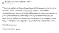 Tiedote koulun viestijärjestelmä Wilmassa. Viestin sisältö liittyy koulun kevätjuhlaan ja siellä esitettävään Suvivirteen.