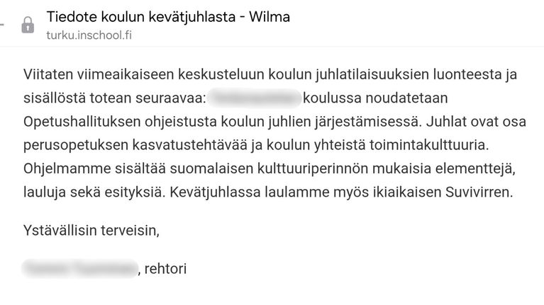 Tiedote koulun viestijärjestelmä Wilmassa. Viestin sisältö liittyy koulun kevätjuhlaan ja siellä esitettävään Suvivirteen.