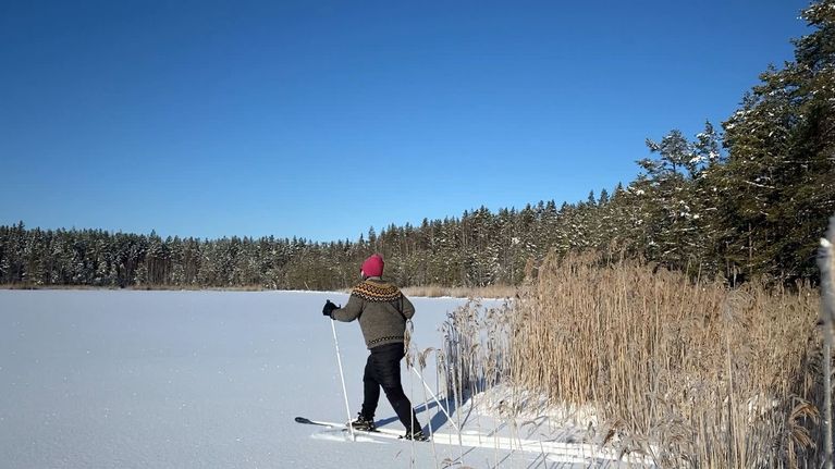 Aikuinen nainen, pinkki pipo päässään liukulumikenkäilee järven jäällä aurinkoisessa talvisäässä.