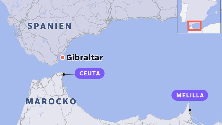 En karta med Gibraltar, Ceuta och Melilla utplacerade.