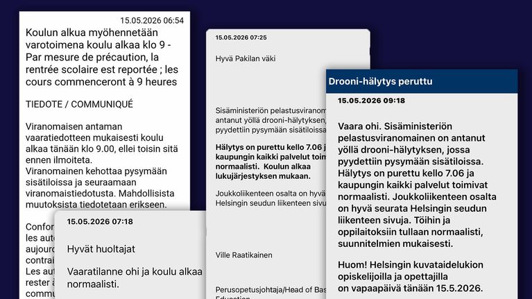 Kuvakaappauksia helsinkiläiskoulujen erilaisista Wilma-viesteistä vaaratilanteeseen liittyen.