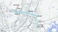 Vantaan raitiovaunun reitti kartalla Mellunmäestä Aviapolikseen.