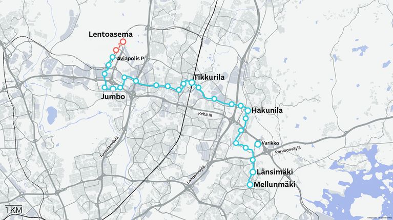 Vantaan raitiovaunun reitti kartalla Mellunmäestä Aviapolikseen.
