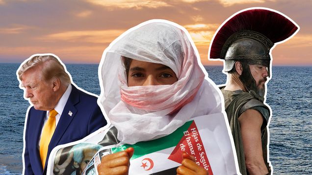 Kuvakollaasissa taustalla auringonlasku Dakhlassa, edessä vasemmalla Donald Trump, Sahrawi-mielenosoittaja ja Matt Damonin esittämä Odysseus.
