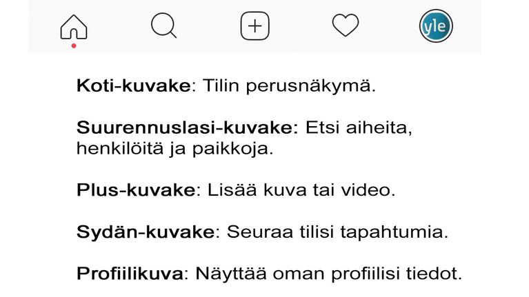 Instagramin työkalurivi, alla tekstiselvitykset kuvakkeista. Koti, Suurennuslasi, plus, sydän ja profiilikuvake
