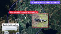 Kartta jossa on Kouvolan pohjoispuolisia alueita. Karttaan merkitty Dronen putoamispaikka lähelle Oravala nimistä paikkaa.