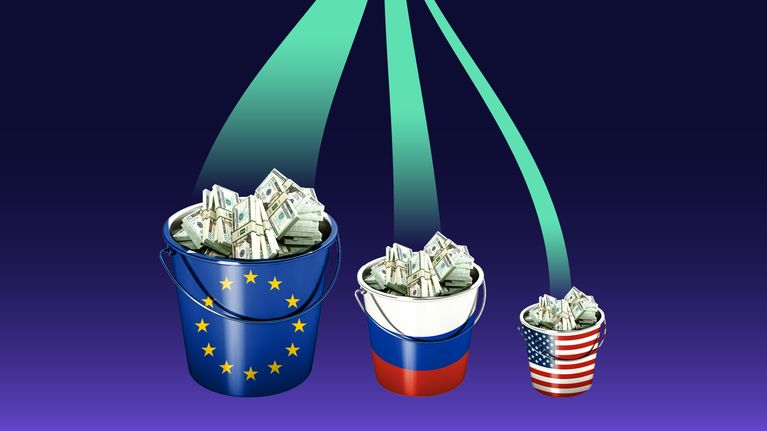 Illustration med ämbaren med pengar som visar pengaflödet från EU, Ryssland och USA till anti-abort och anti-HBTQ rörelser.