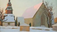 En oljemålning av Georges von Swetlik som föreställer Tenala kyrka. 
