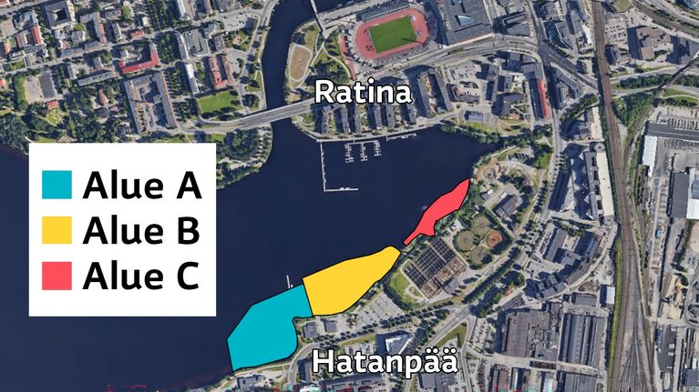Kartta, johon eri väreillä kuvattuna Viinikan maantäyttöalueet Tampereella.