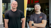 Ihopklippt bild på två män som står i varsitt gym.