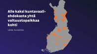 Kartta näyttää 47 kuntaa, joissa on alle kaksi kuntavaaliehdokasta yhtä valtuustopaikkaa kohti.