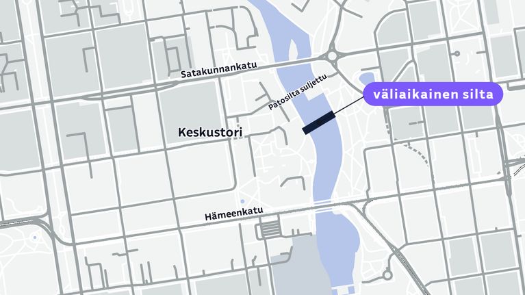 Kartta: Patosillan korvaava väliaikainen silta Tampereen keskustassa.