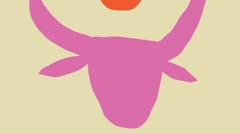 Omslaget till Hanna Ylöstalos roman "Solårets slut" med ett stiliserat rosa oxhuvud med en orange cirkel ovanför.
