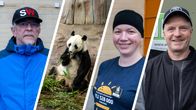Kolme ihmistä ja panda. 