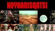 Kuvakooste Koyaanisqatsi-elokuvan maisemista, ylimpänä elokuvan nimi mustalla pohjalla.