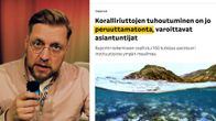 Luontotoimittaja Markku Sipi ja kuvakaappaus koralliriuttojen tuhoa käsittelevästä artikkelista.
