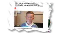 Revinnäinen BBC:n uutisesta, jossa kadonneen Alex Battyn kuva.