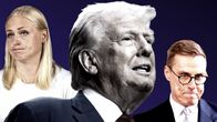 Kollaasissa taustalla Elina Valtonen ja Alexander Stubb suut korostetun supussa, etualalla Donald Trump.