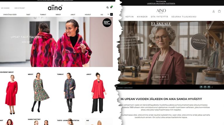 Jaettu kuva, jossa kuvakaappaus kahdelta Aino-sivustolta. 