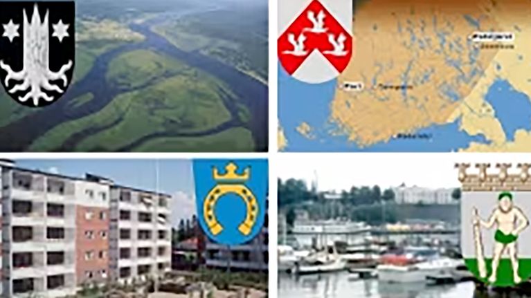 Kuvia neljästä kunnasta ja niiden vaakunoista.