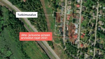Kartta, johon on merkitty on tutkimusalue ja jäte- ja kuona-aineen arvioidut rajat vuoden 2021 tutkimustulosten mukaan. 