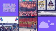 Kuvia useilta festareilta ja violeteissa laatikoissa teksti "unelmafestari".