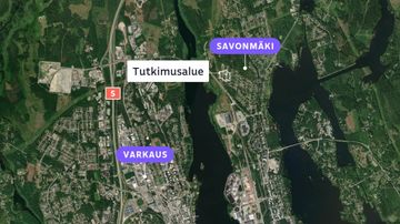 Kartta, jossa näkyy missä kohti Varkautta on Savonmäen asuinalue. 