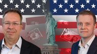 Kollaasikuvassa kuvitettu USA:n taloutta, kuvassa myös talouden asiantuntijat Markus Aho ja Lippo Suominen.