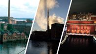 Kolmiosainen kuva, jossa yhdessä kuvassa vanha kuva Tampereen Verkatehtaasta, toisessa Takon tehdas aurinkoa vasten ja kolmannessa Tammerkosken muita tehdarakennuksia iltavalaistuksessa.