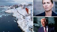 Kuvakombo jossa Grönlannin lumista rantaa, Tanskan pääministeri Mette Fredriksen ja Donald Trump.