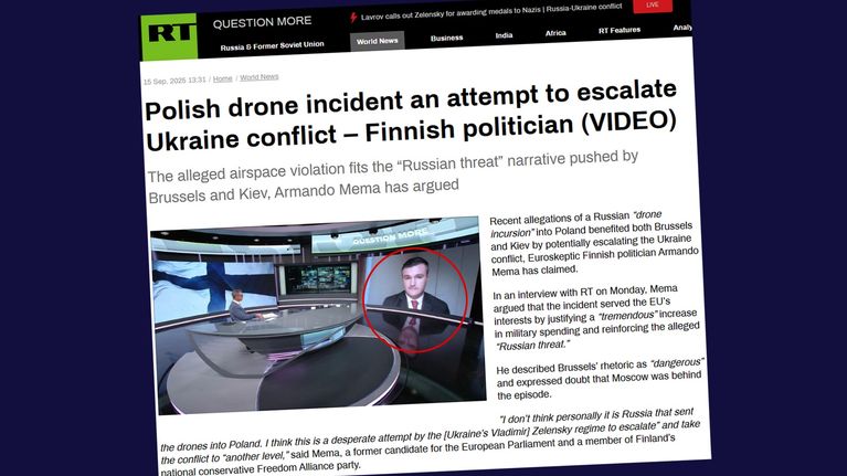 Kuvakaappaus Russia Todayn sivulta jossa kuva suomalaisesta Armando Memasta.