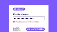 Kuvitus, jossa näkyy sähköpostin kirjautumisikkuna ja siinä ilmoitus: "Väärä salasana. Yritä uudelleen."