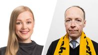 Photo collage with Aino Tuominen on the left and Jussi Halla-Aho on the right