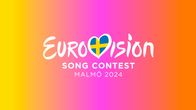 Keltaista, vaaleanpunaista ja oranssia väriä, joiden päällä on vuoden 2024 Euroviisujen logo.